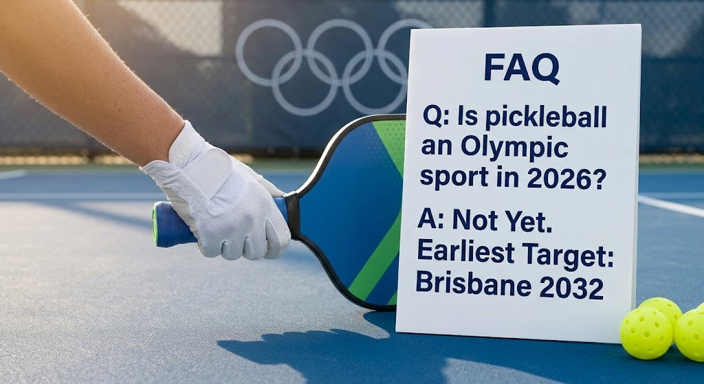 Pickleball paddle on a court beside an FAQ sign explaining pickleball Olympic status and Brisbane 2032 target timeline