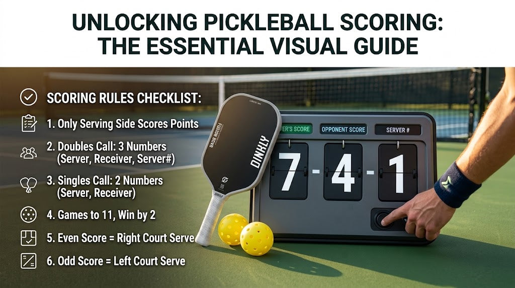 Complete pickleball scoring guide infographic featuring court scoreboard, paddle, and rules checklist