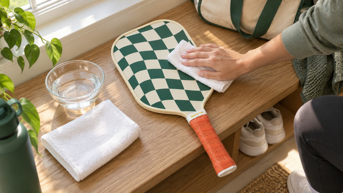 Cleaning a verified Dinkly Play checkerboard paddle with a damp microfiber cloth and plain water