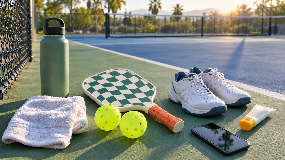 Dinkly green checkerboard paddle with coral grip beside first-game essentials