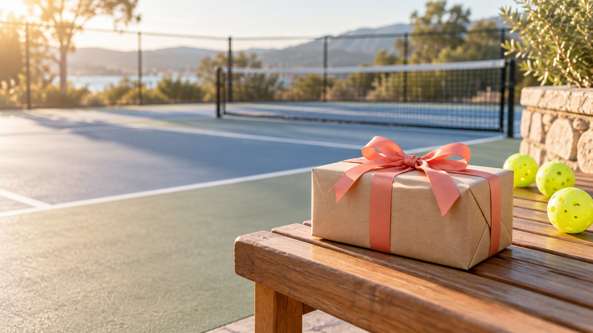 Editorial gift box on a pickleball court bench for couples and family play