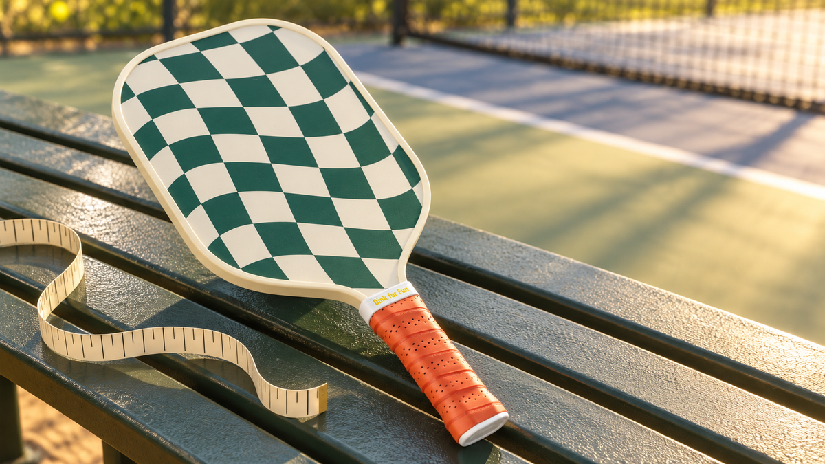 Dinkly Play paddle on a court bench with the orange grip shown beside a tape measure