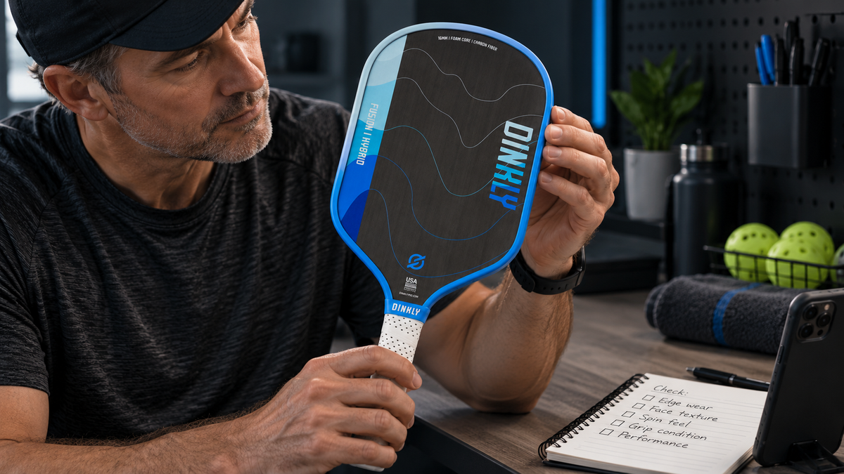 Player inspecting the edge and handle of a verified blue Dinkly Fusion Hybrid paddle